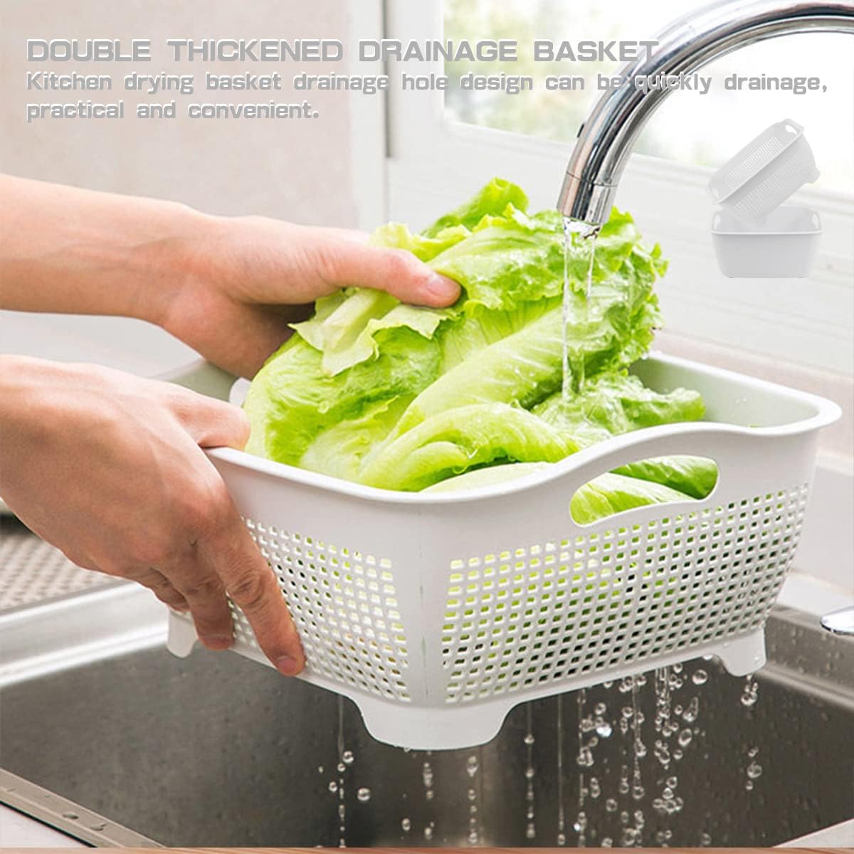 Double-layer Draining Basket Plastic Fruits Vegetable Washing Basket Food Storage Basket Multi-layer Stackable Vegetable Sinks Wash Drain Basket for Kitchen (Grey)