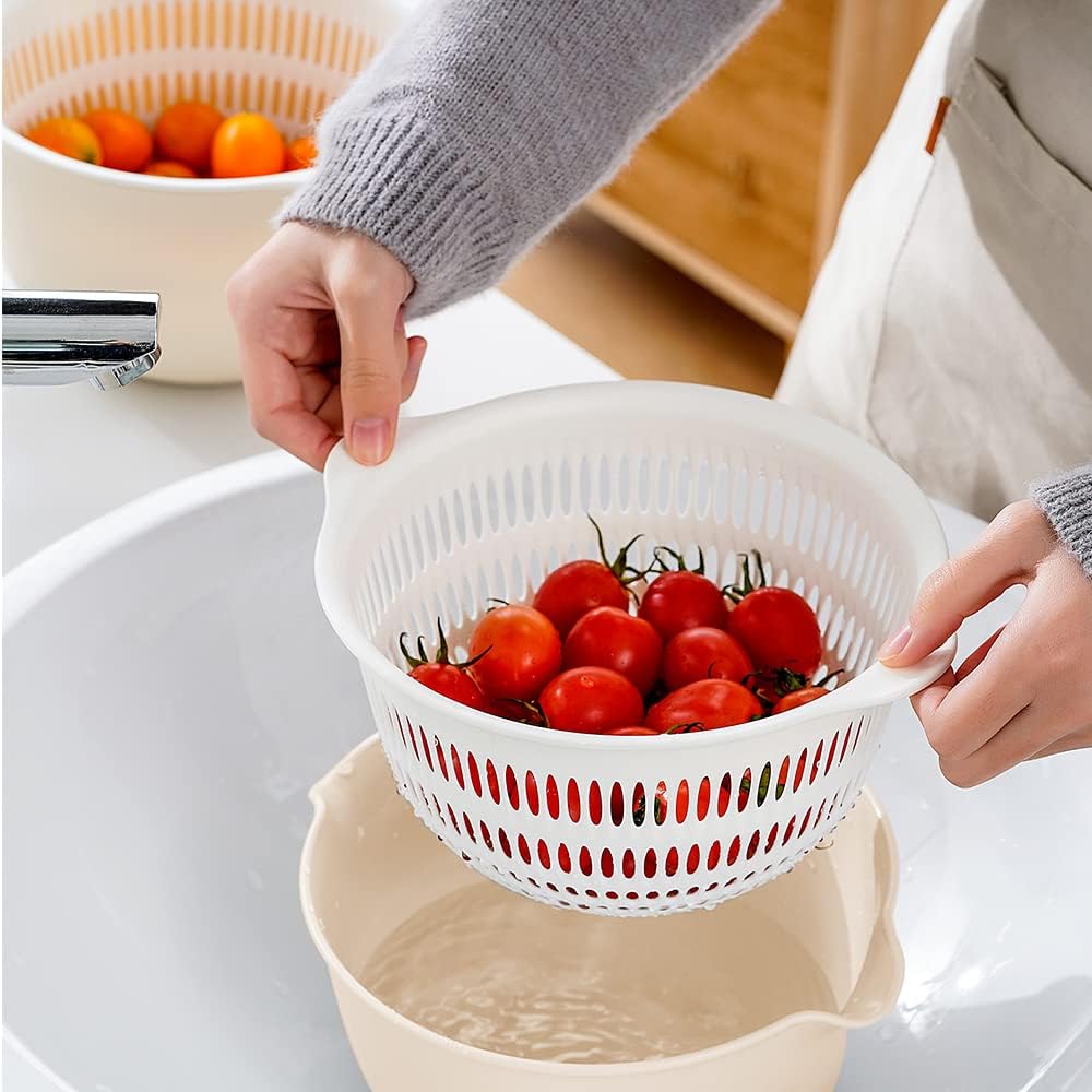 2 in 1 Kitchen Colander Set with Bowl Strainer (2 Sets 3 Qt).BPA Free Plastic Fruits and Vegetable Washing Basket.Dishwasher Friendly Double Layered Drain Basin.for Pasta Salad Berry Cleaning Mixing