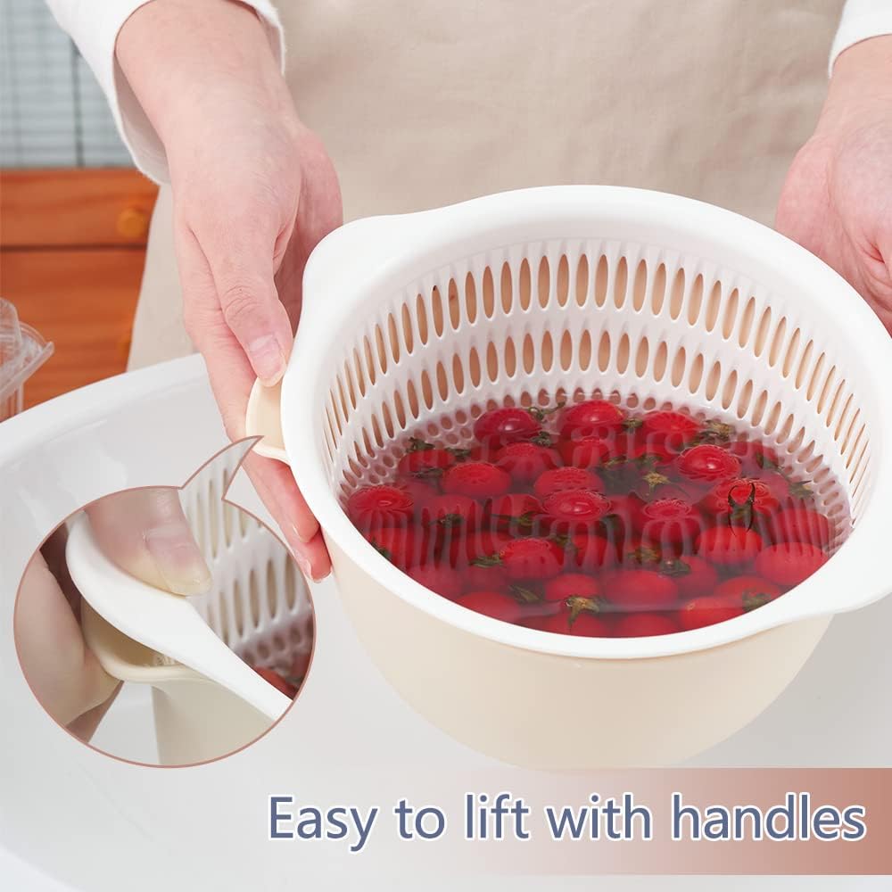 2 in 1 Kitchen Colander Set with Bowl Strainer (2 Sets 3 Qt).BPA Free Plastic Fruits and Vegetable Washing Basket.Dishwasher Friendly Double Layered Drain Basin.for Pasta Salad Berry Cleaning Mixing