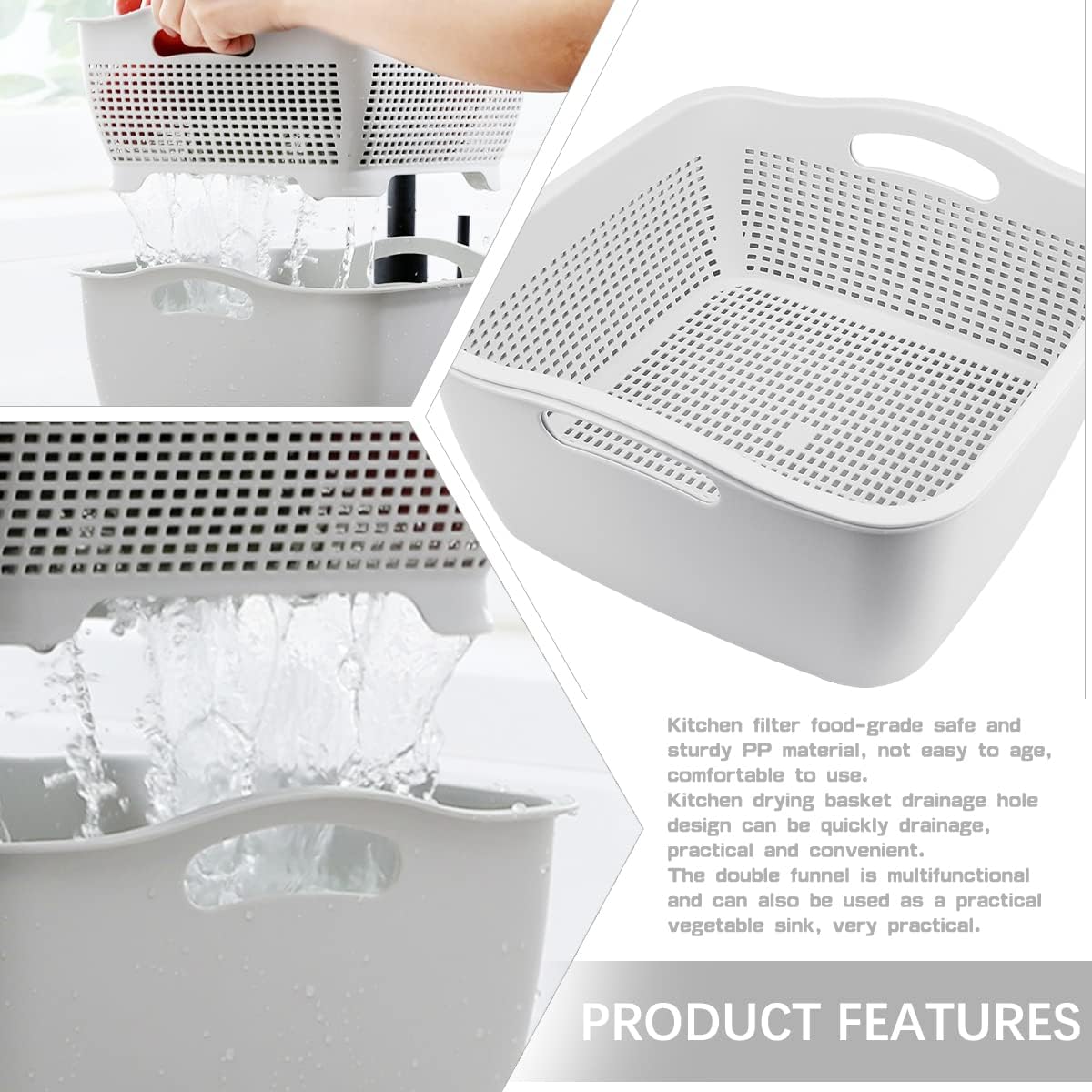 Double-layer Draining Basket Plastic Fruits Vegetable Washing Basket Food Storage Basket Multi-layer Stackable Vegetable Sinks Wash Drain Basket for Kitchen (Grey)