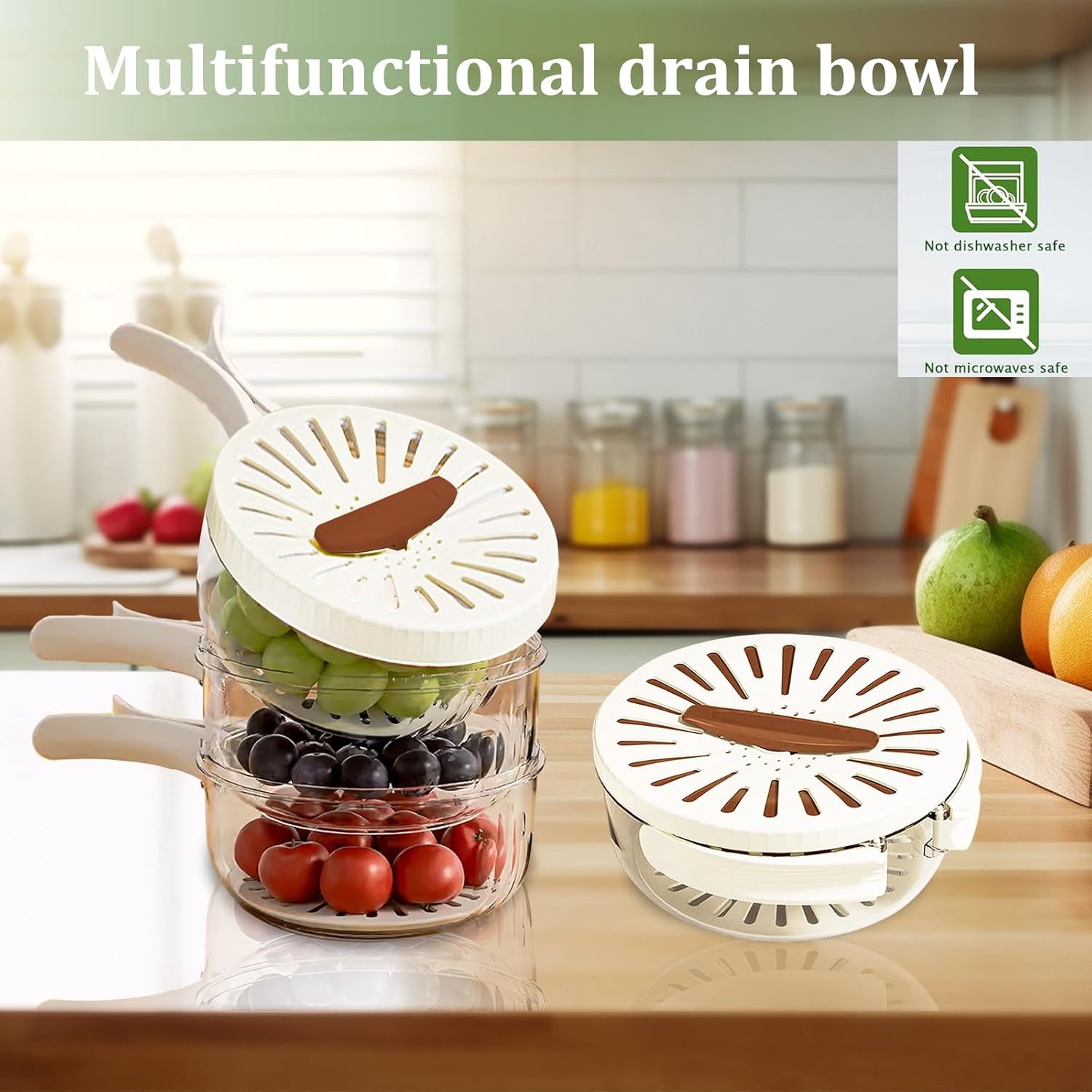Multifunctional Fruit Washing Bowl with Strainer.2 in 1 Drain basket and Fruit Strainer Container with Lid.Fruit Washer Bowl for Kitchen.Fridge.Picnic & Camping.1QT(1000ML)