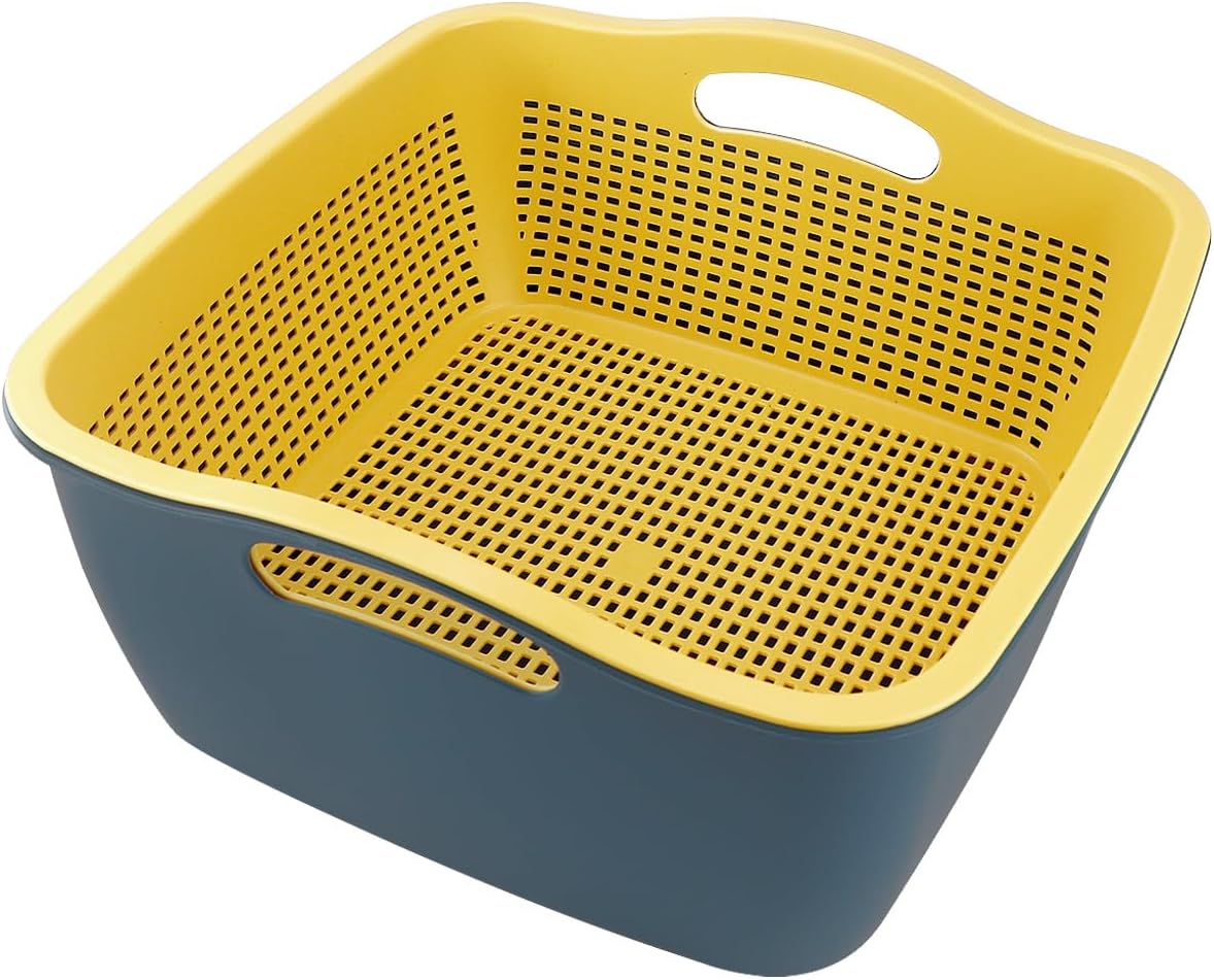 Double-layer Draining Basket Plastic Fruits Vegetable Washing Basket Food Storage Basket Multi-layer Stackable Vegetable Sinks Wash Drain Basket for Kitchen (Grey)