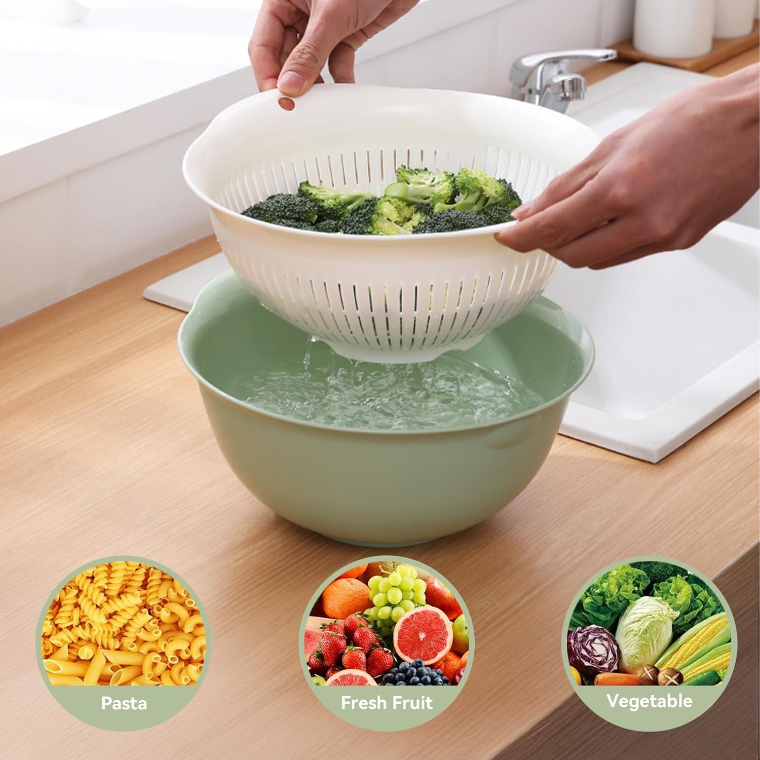 Colander Bowl Set of 2. Nesting Large Capacity Plastic Food Strainer for Pasta. Vegetables and Fruits Washing Draining Basket. Space Saving. BPA Free