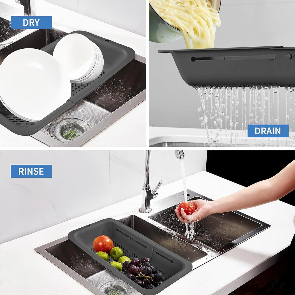 LASSHSWA Collapsible Colander for Kitchen. Over the Sink Strainer Basket for Kitchen. Fruit Pasta Food Strainer Expandable Plastic Colander BPA Free (Black)