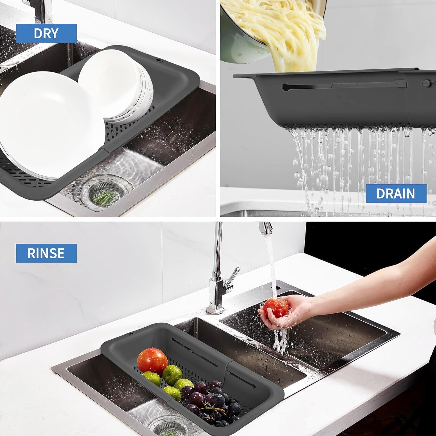 LASSHSWA Collapsible Colander for Kitchen. Over the Sink Strainer Basket for Kitchen. Fruit Pasta Food Strainer Expandable Plastic Colander BPA Free (Black)