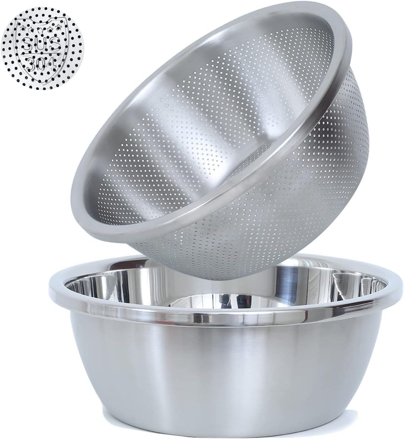 304 Stainless Steel Microporous Colander.2QT Large Capacity with Mixing Bowl For washing vegetables. fruit and rice and for draining cooked pasta(2PC)