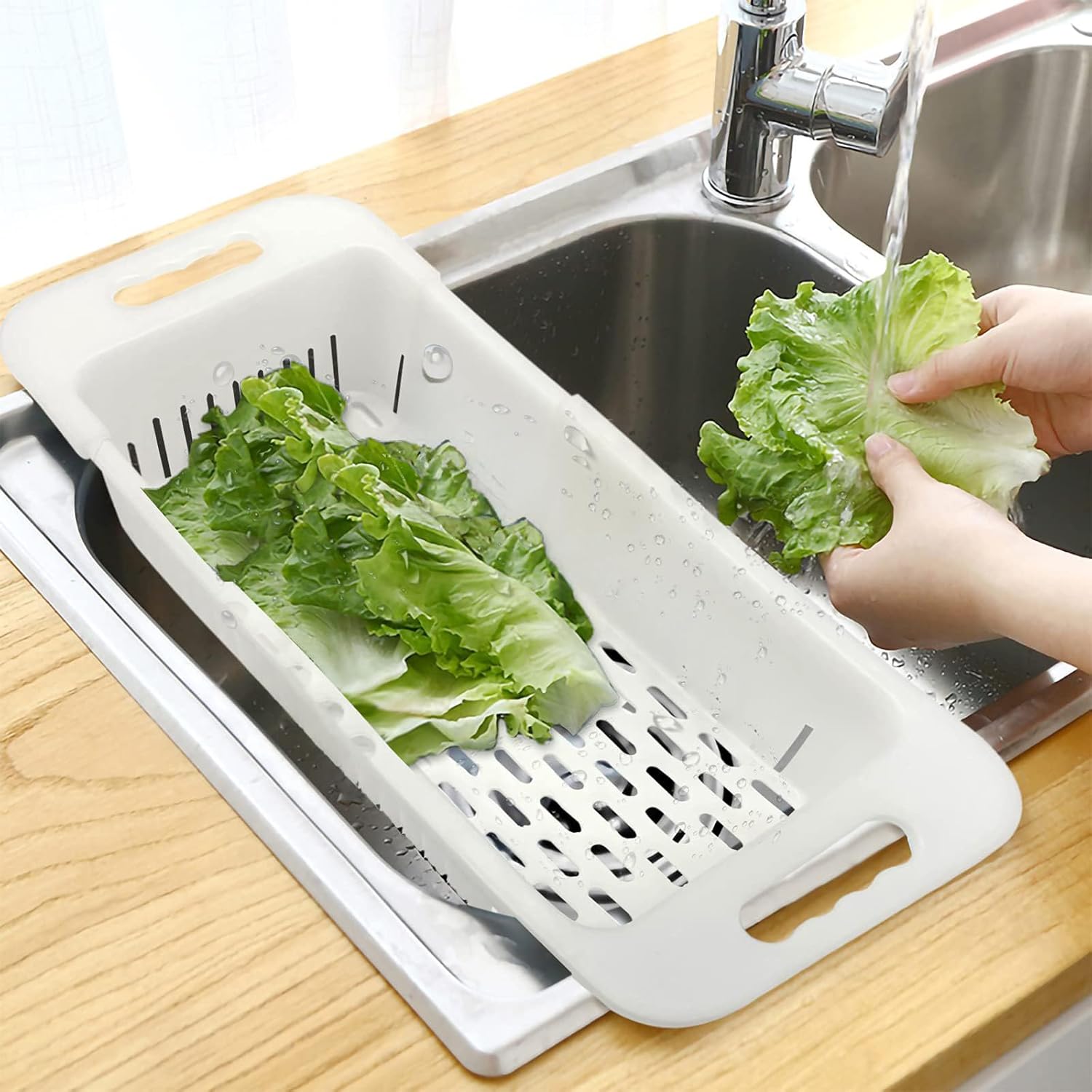 MineSign Extendable Colander Over the Sink Drain Basket Adjustable Fruits and Vegetable strainer Sink Washing Basket for Kitchen(Green)