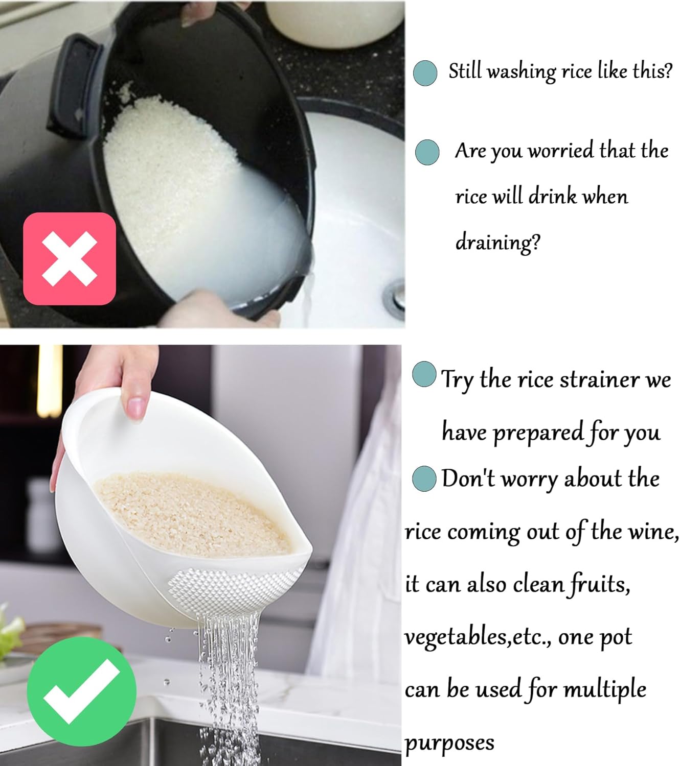 2-in-1 Rice Colander. Vegetable and Fruit Cleaning Filter Basket. 2Piece Sturdy and Easy-To-Use Food Grade Kitchen Tool Accessories (Pink. Small)