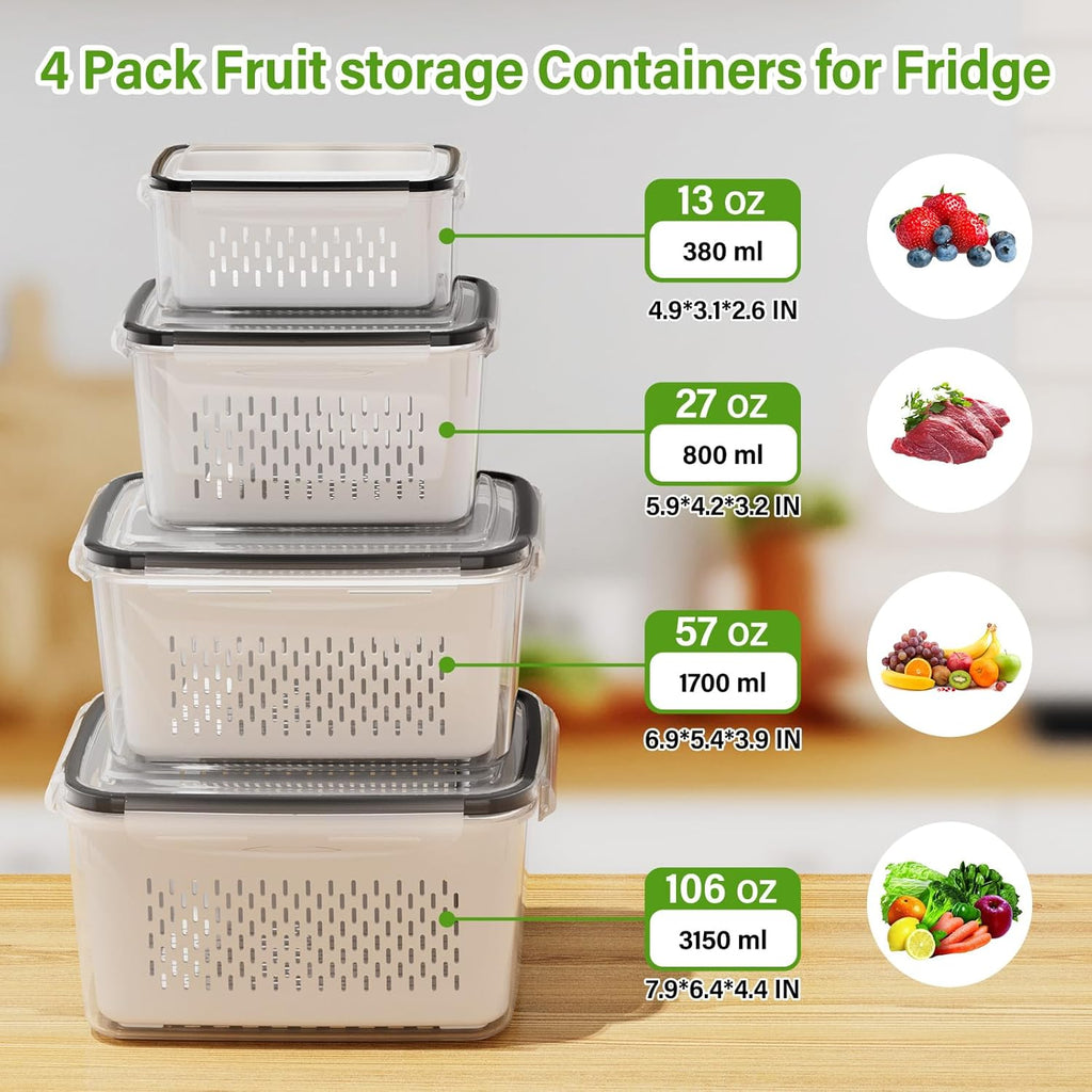 4 PCS Fruit Storage Containers for Fridge. Produce Containers for Fridge with Removable Colander. All-In-One Fruit Washing Bowl with Strainer Microwave/Dishwasher Safe for Salad Berry Lettuce Keeper