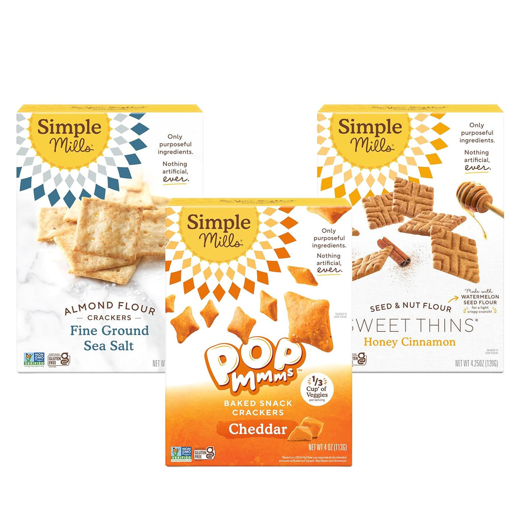 Simple Mills Best Snacks Variety Pack. Sea Salt Almond Flour Crackers. Honey Cinnamon Sweet Thins and Cheddar Pop Mmms. Gluten Free. Paleo Friendly Healthy Snacks. (Pack of 3)