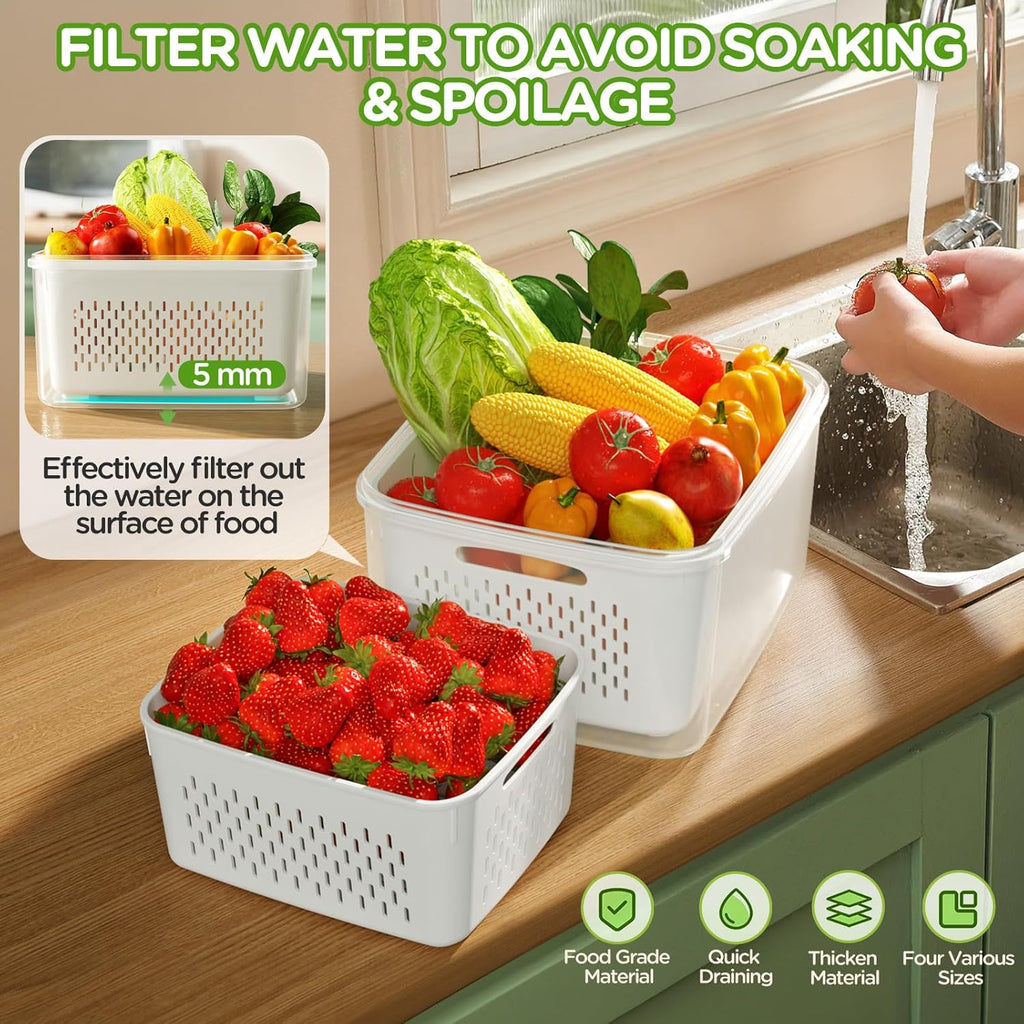 4 PCS Fruit Storage Containers for Fridge. Produce Containers for Fridge with Removable Colander. All-In-One Fruit Washing Bowl with Strainer Microwave/Dishwasher Safe for Salad Berry Lettuce Keeper