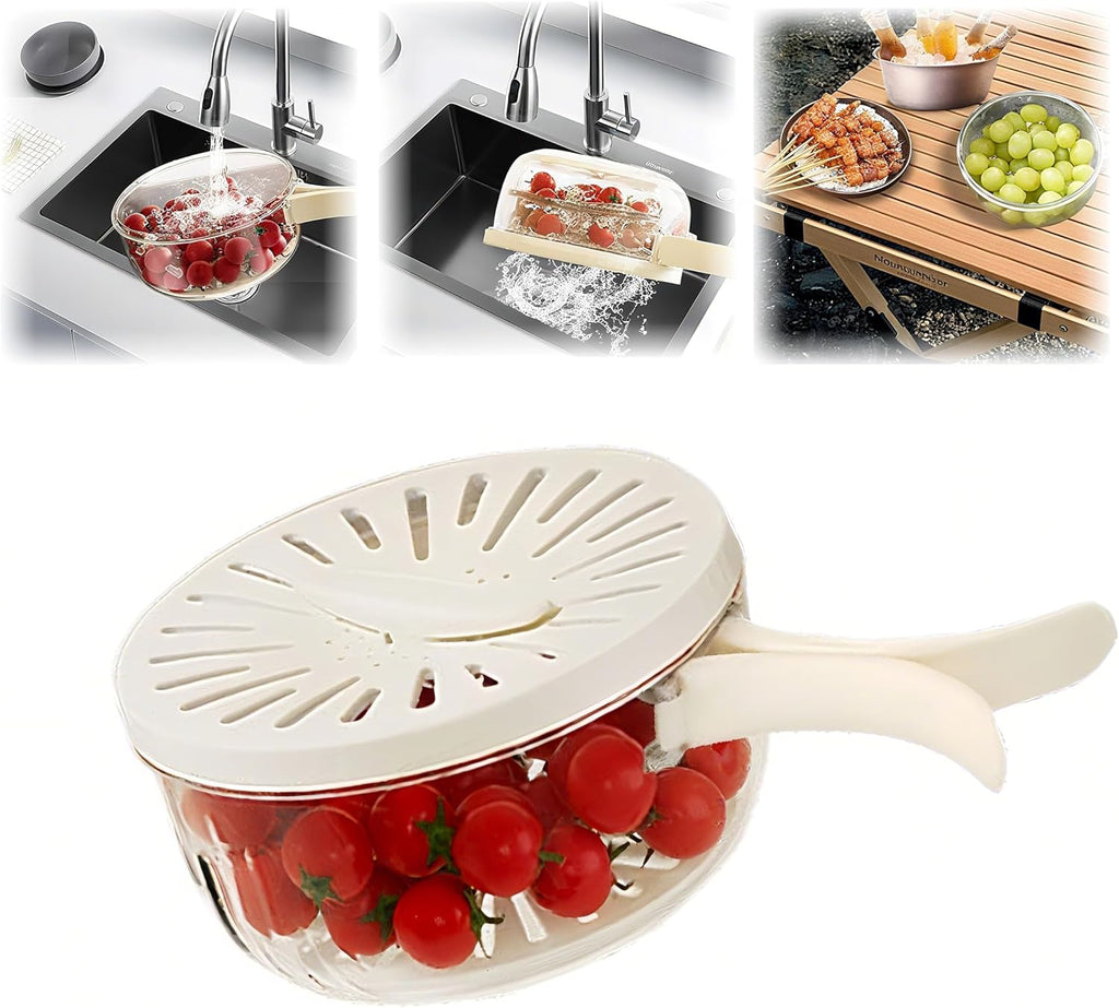 Multifunctional Fruit Washing Bowl with Strainer.2 in 1 Drain basket and Fruit Strainer Container with Lid.Fruit Washer Bowl for Kitchen.Fridge.Picnic & Camping.1QT(1000ML)